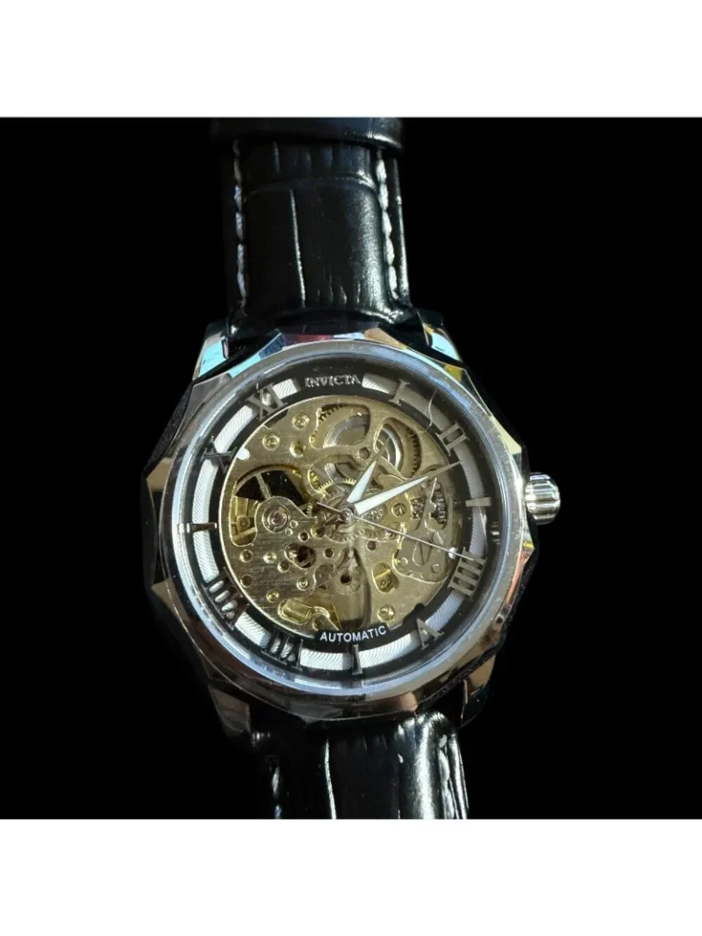 Invicta Automatic Objet D Art 46mm Skeleton Watch Men's Black Leather Strap